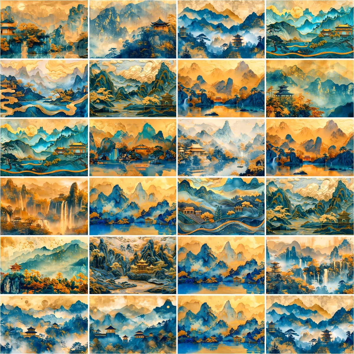 鎏金中国山水画手绘千里江山古风背景
