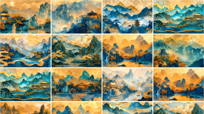 鎏金中国山水画手绘千里江山古风背景