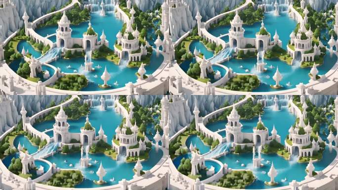 未来科幻城堡白色建筑瀑布