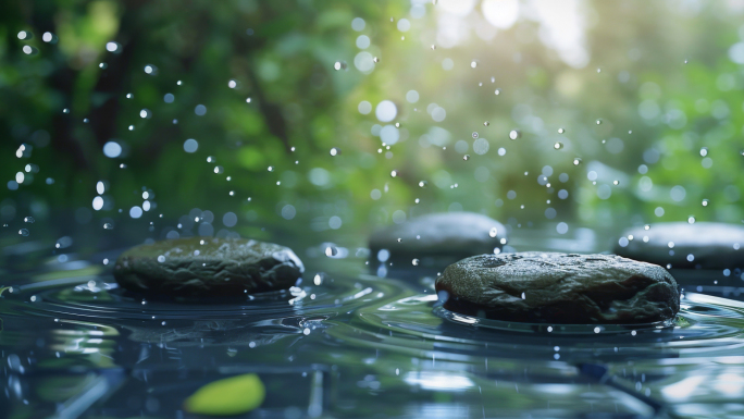 唯美水流小溪小河流淌山泉，水滴石头