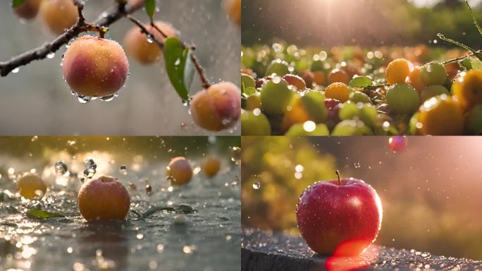 各种瓜果水果 阳光下 雨露