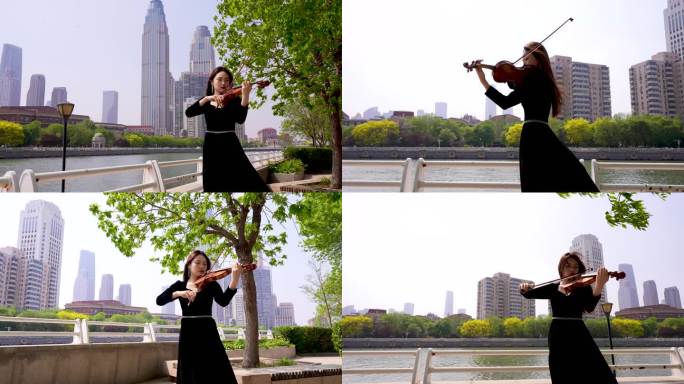 小提琴家天津海河边拉小提琴6高级感镜头