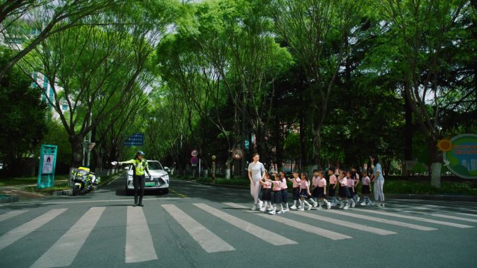 马路车辆礼让小学生行人