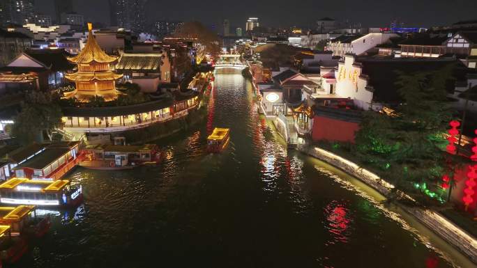 航拍夫子庙、秦淮河夜景