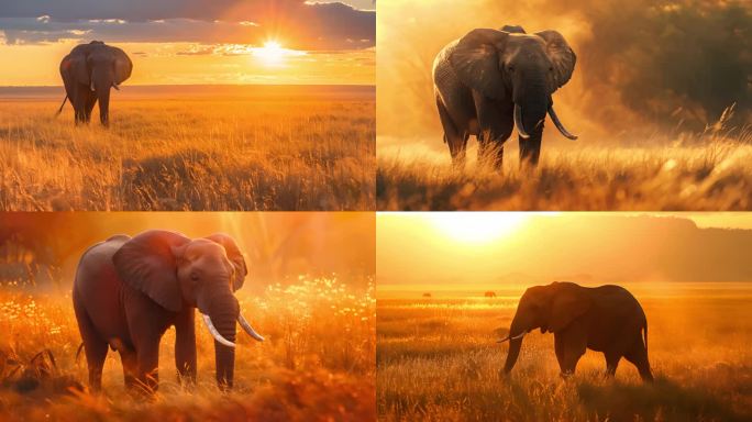 日落时草原上的大象 草原上的大象