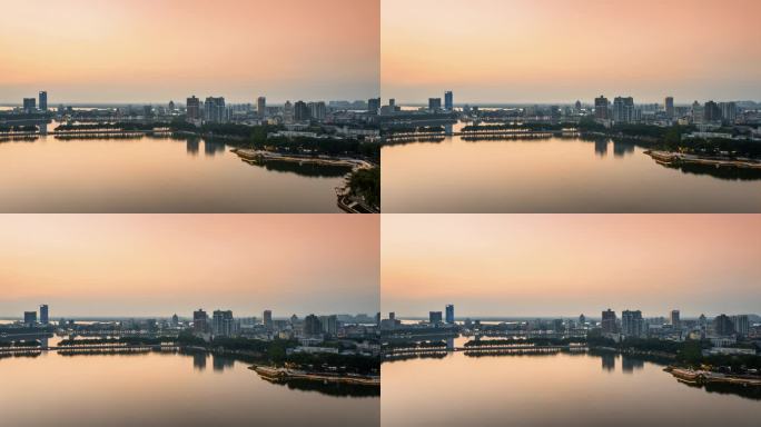 黄昏天空下的九江湖景航拍延时