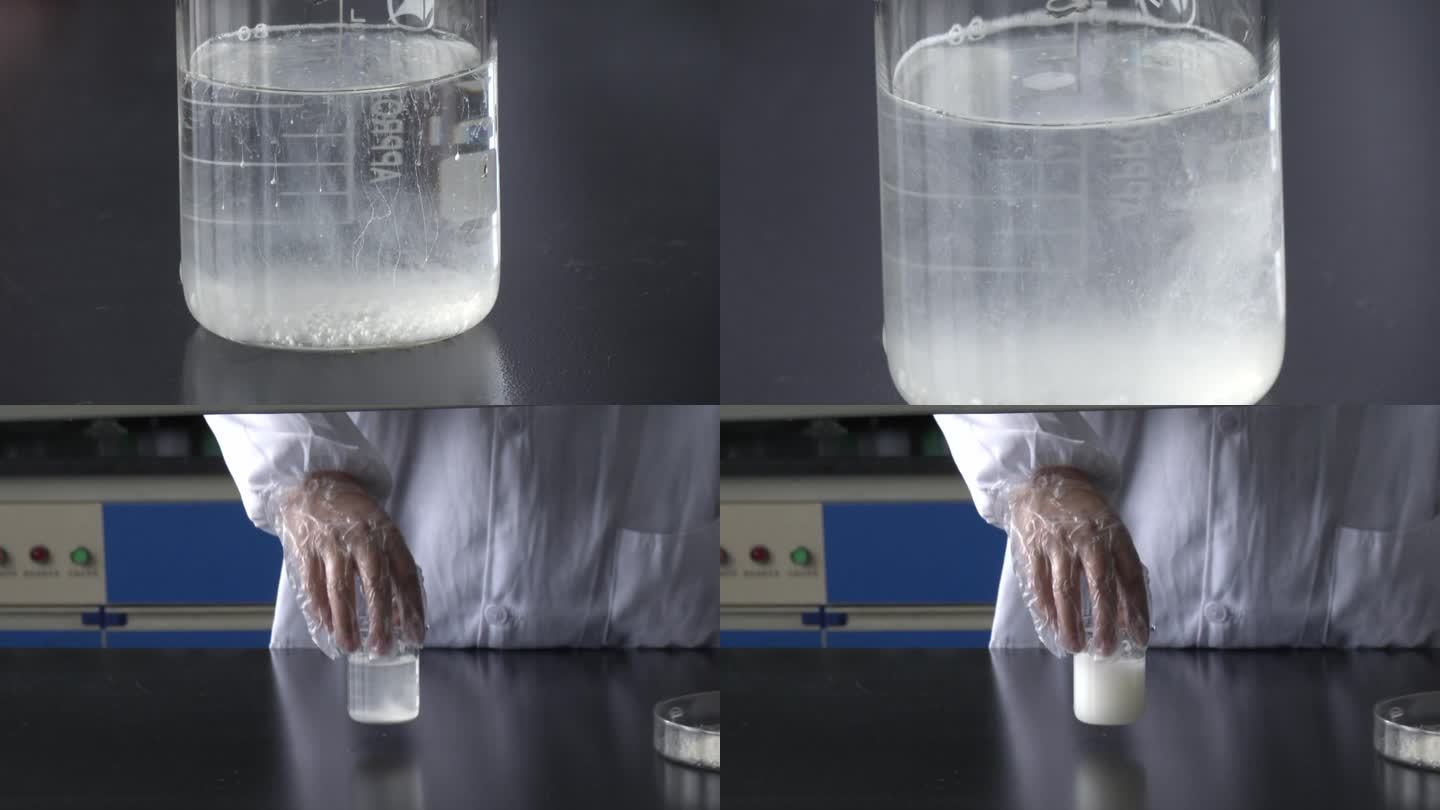 农药实验 加水量杯 到入白色颗粒剂 搅拌