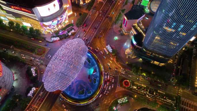 上海市杨浦区商圈五角场广场夜晚夜景城市车