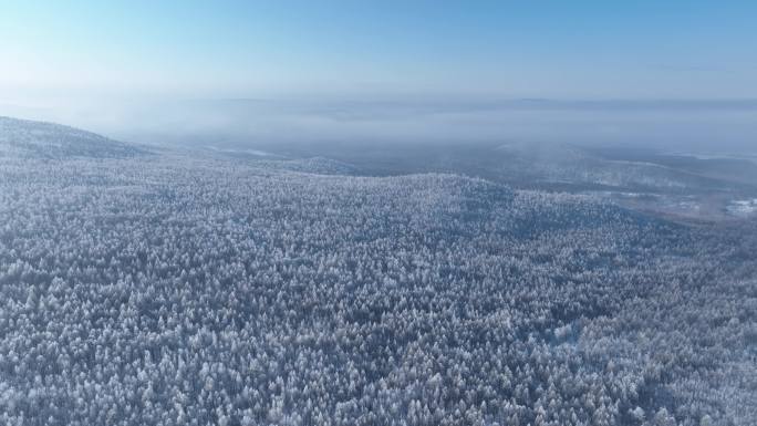 航拍冬季山林雾凇冻雾迷漫