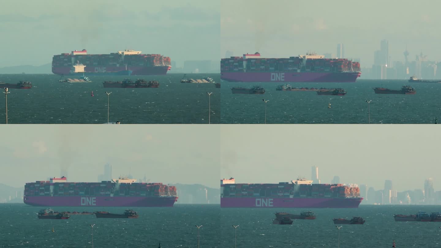 ONE集装箱船海运巨轮在珠江口航行