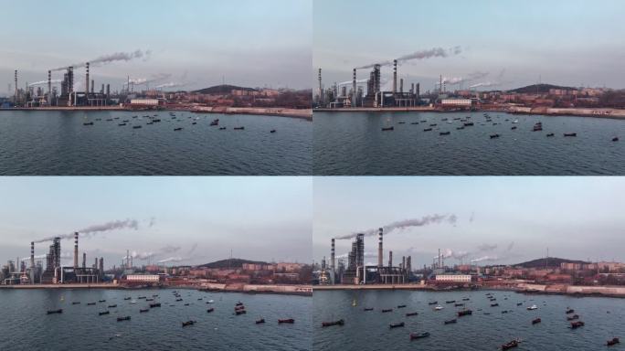 海岸石油冶炼化工厂清晨航拍素材