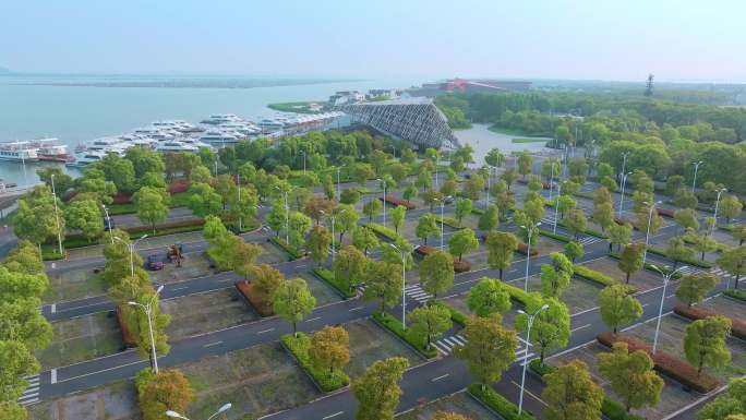 苏州相城阳澄湖莲花岛码头集散中心风景航拍