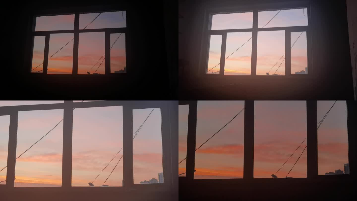 从窗户看旁晚粉红色日落