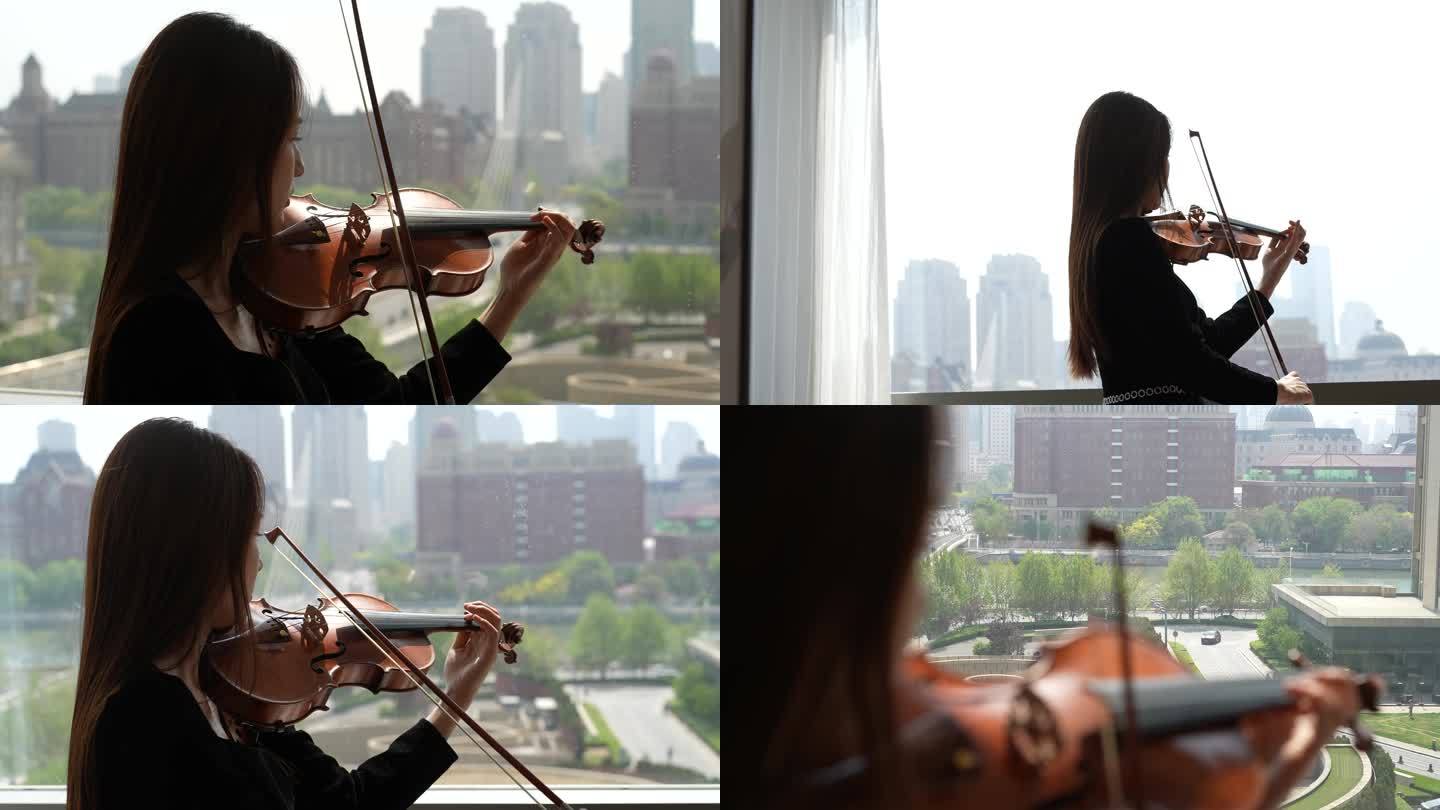 小提琴家窗前演奏唯美镜头2