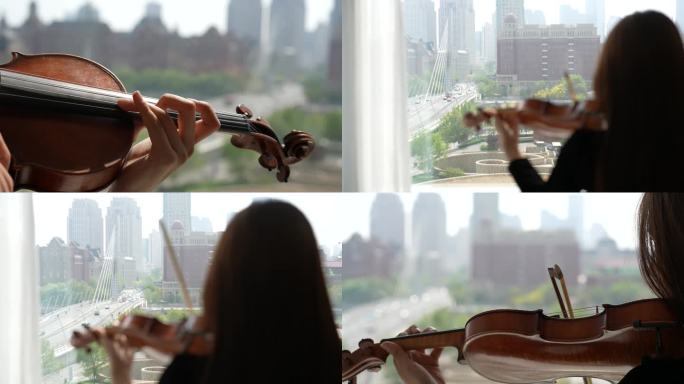 小提琴家窗前演奏唯美镜头高级感镜头