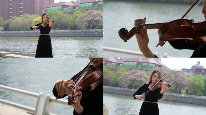 唯美镜头小提琴家海河边演奏3高级感镜头