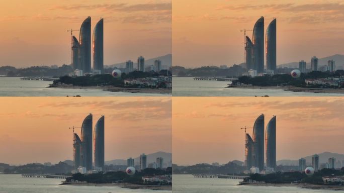 日落下的双子塔4K航拍