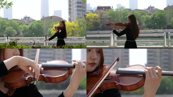 唯美镜头小提琴家海河边演奏高级感镜头