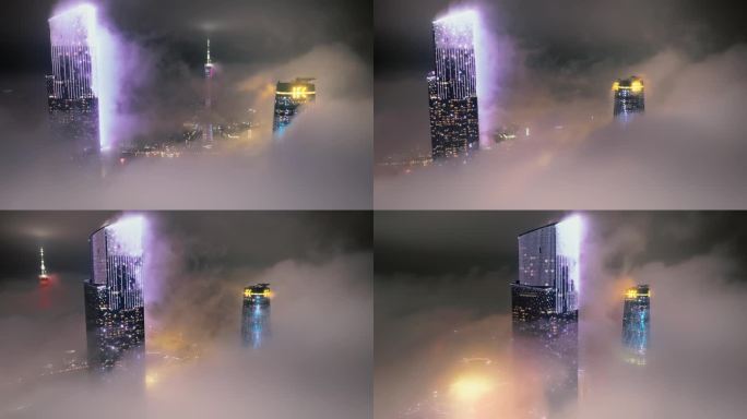 广州塔暴雨后平流雾穿云夜景航拍4K视频