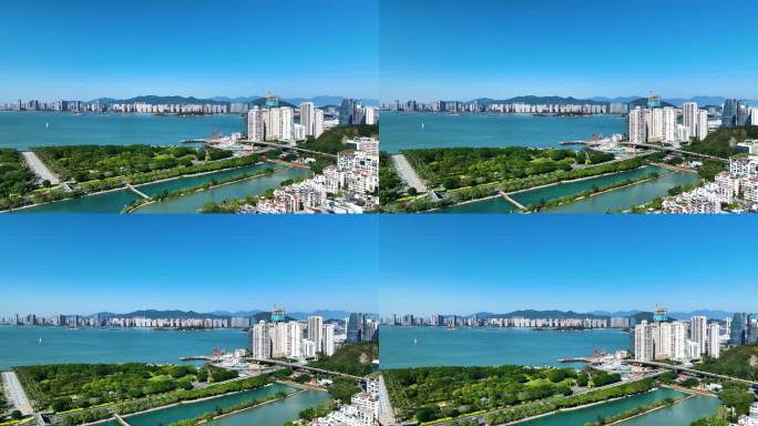 海边城市建筑海湾蓝天白云4K航拍