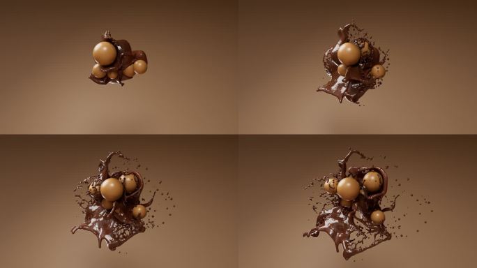 巧克力酱和巧克力豆碰撞在一起飞溅散开
