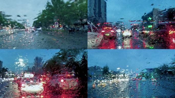 下雨天傍晚街道行车车流和街景
