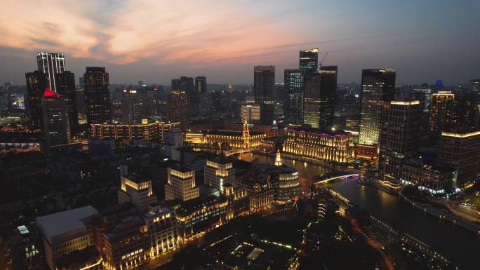 上海苏州河城市建筑夕阳风光