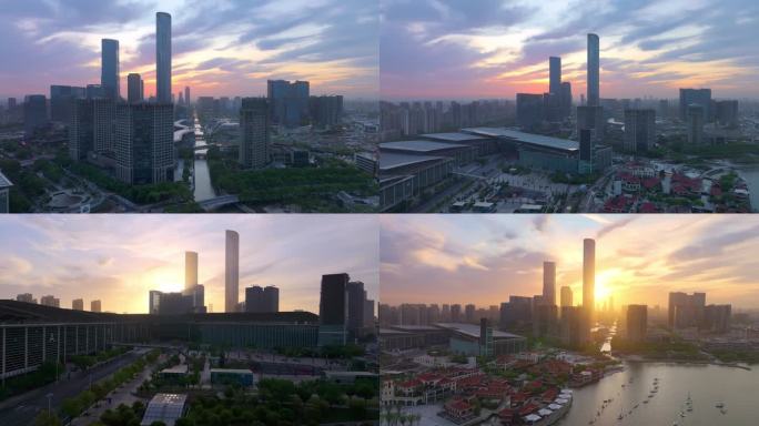 日出时的苏州工业园区金鸡湖城市风景航拍
