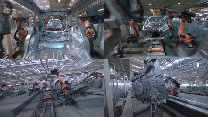 汽车工厂机械臂穿越机素材4k