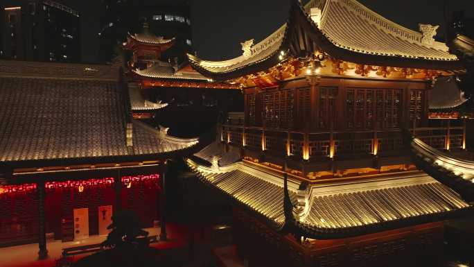 4K上海玉佛寺寺庙航拍宣传片夜景素材