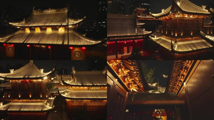 4K上海玉佛寺寺庙航拍宣传片夜景素材