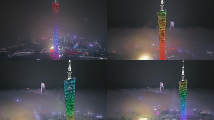 广州塔暴雨后平流雾穿云夜景航拍4K视频