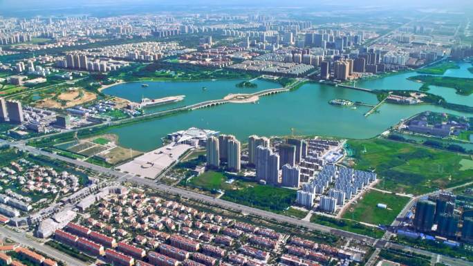 航拍滨州 彩虹湖  水上造型国际会展中心