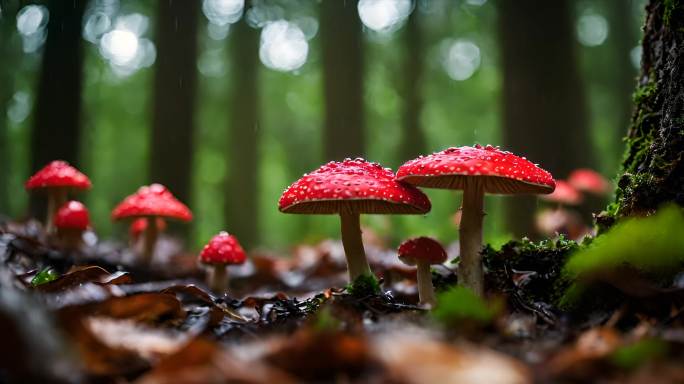 雨中森林里的毒蘑菇红蘑菇