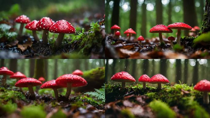 雨中森林里的毒蘑菇红蘑菇