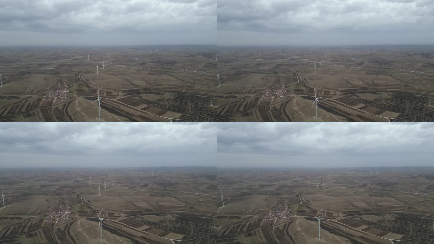 航拍张北草原天路风力发电机组全景