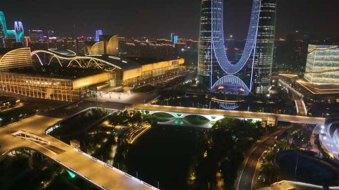 杭州城市地标风景夜晚夜景航拍风光美景浙江