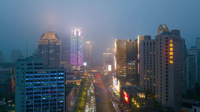 上海徐汇区徐家汇雾天晴天航拍定向延时4K