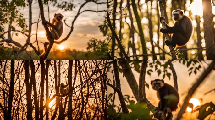 夕阳下树林里的长臂猿