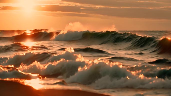 金色海浪大海波浪海水夕阳傍晚