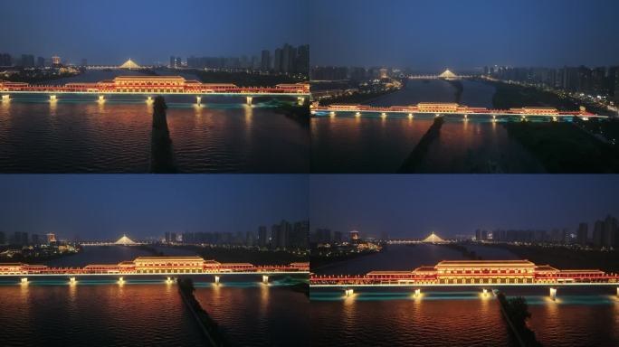 咸阳古渡廊桥夜景航拍