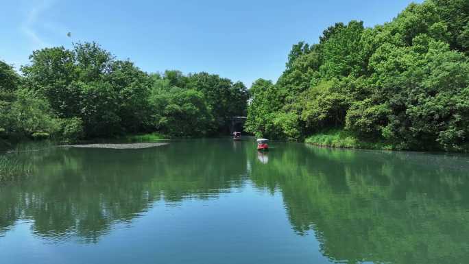 西湖的摇橹船在小河道里从乌龟潭驶向御湖湾