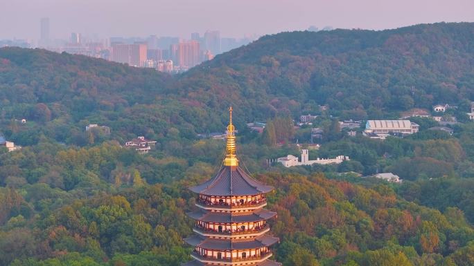 唯美杭州西湖雷峰塔景区大自然风光群山航拍