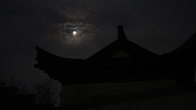 月光下的建筑月光树影云遮月