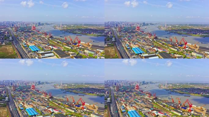 4K 上海宝山吴淞工厂码头立交桥航拍视频
