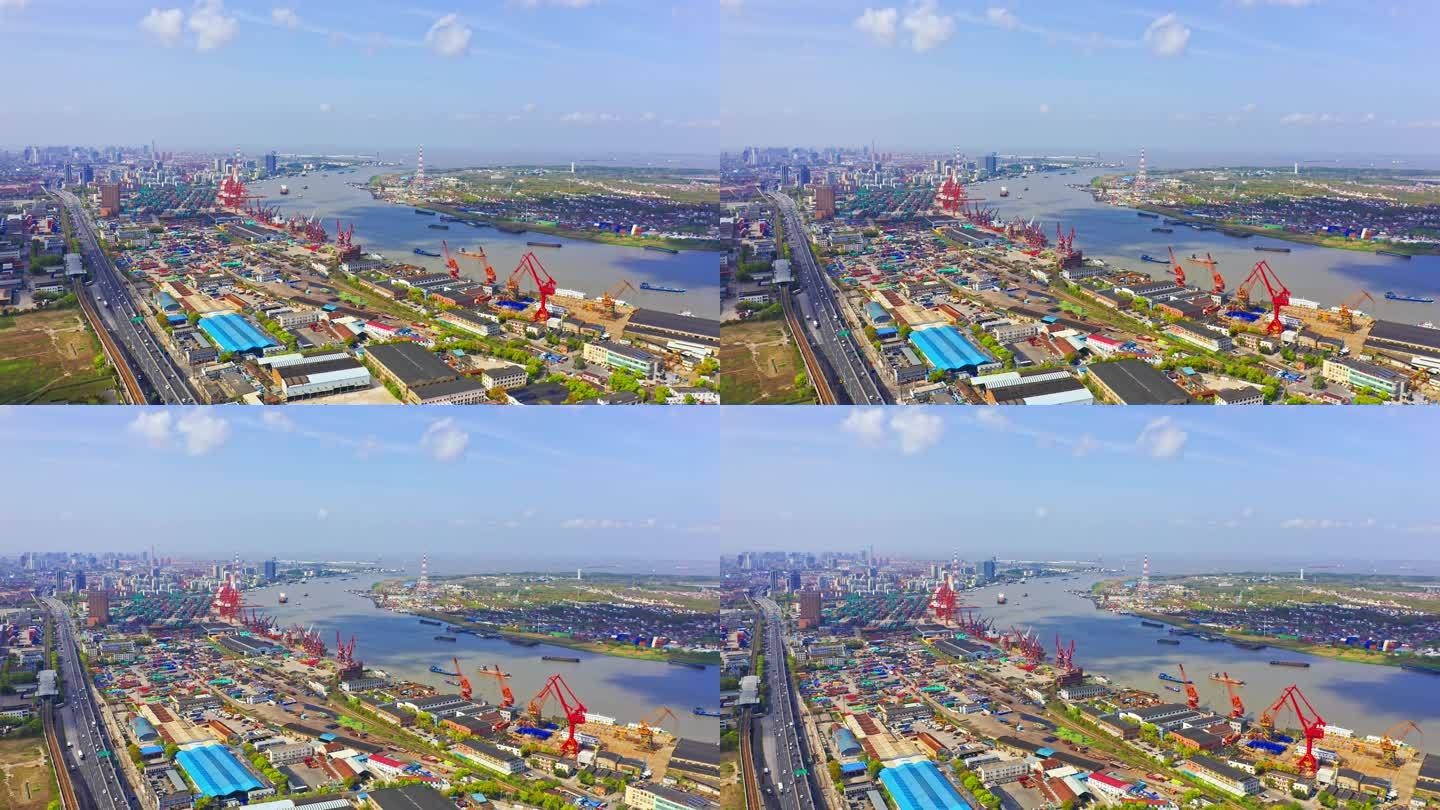 4K 上海宝山吴淞工厂码头立交桥航拍视频
