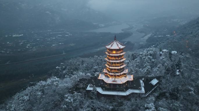 成都都江堰玉垒阁夜景雪景航拍御三4K1