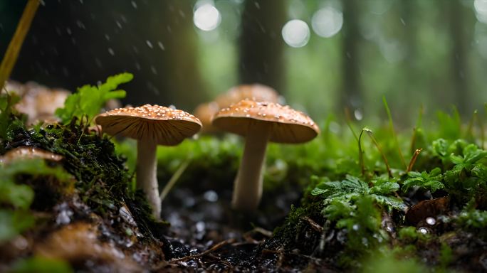 雨中树林里的蘑菇