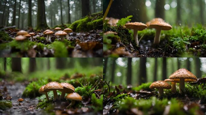 雨中树林里的蘑菇