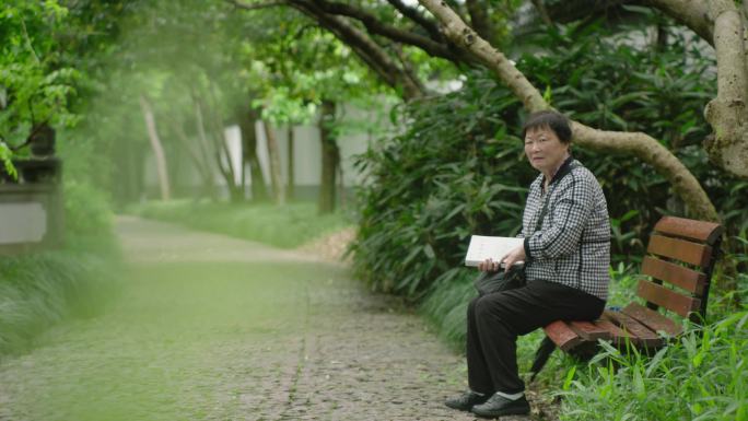 老年人老太太公园看书散步夏天